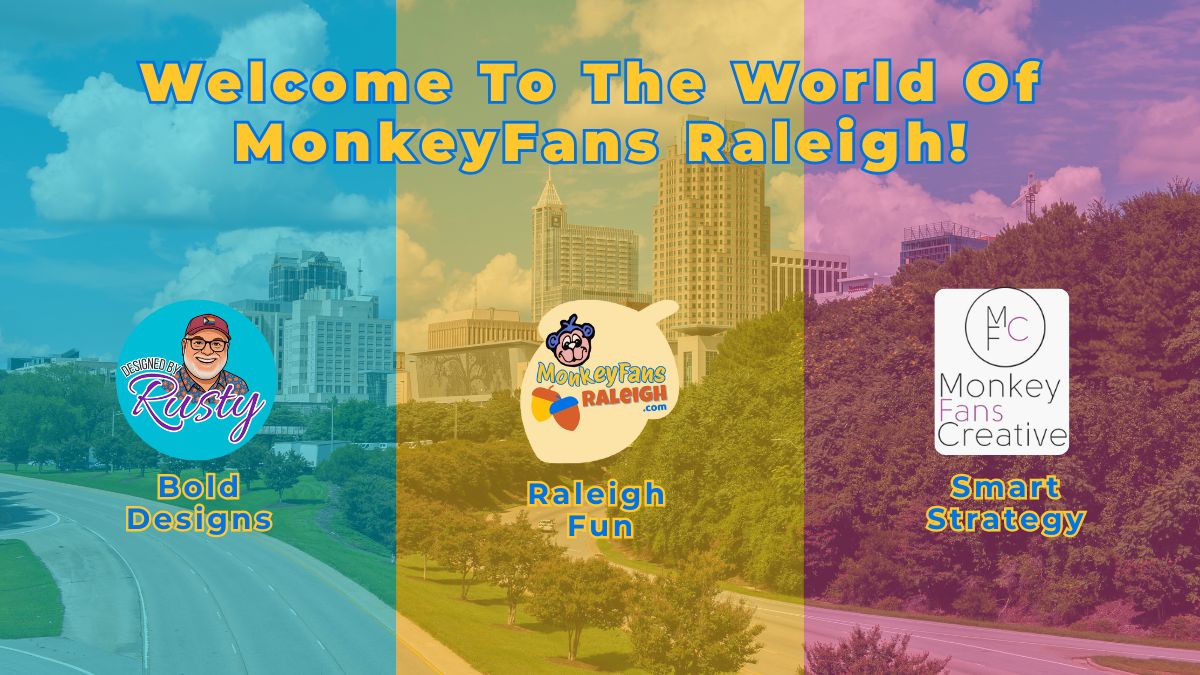 Colorful graphic showing “Welcome to the World of MonkeyFans Raleigh” with the Raleigh skyline in the background. Features Designed by Rusty, MonkeyFans Raleigh, and MonkeyFans Creative logos representing bold designs, Raleigh fun, and smart strategy.
