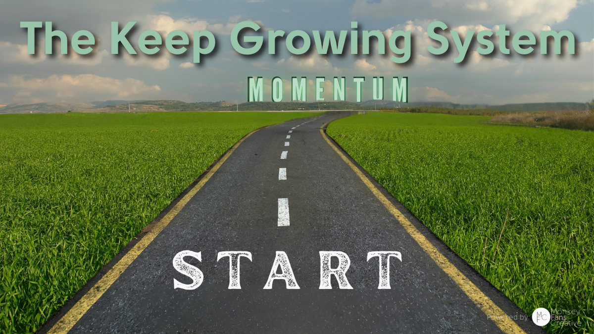 Road stretching forward under a bright sky with text ‘The Keep Growing System – Momentum – Start,’ symbolizing business growth and progress