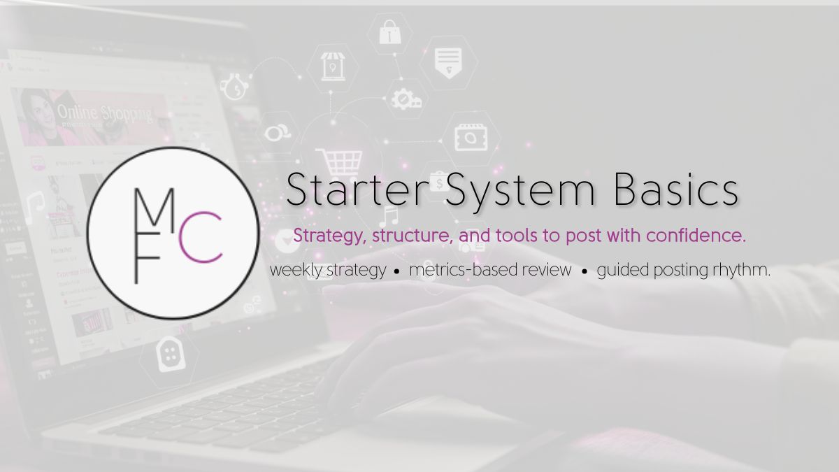 Starter Systems Basics by MonkeyFans Creative — a guided social media strategy program offering weekly strategy, metrics-based review, and a structured posting rhythm for small businesses.