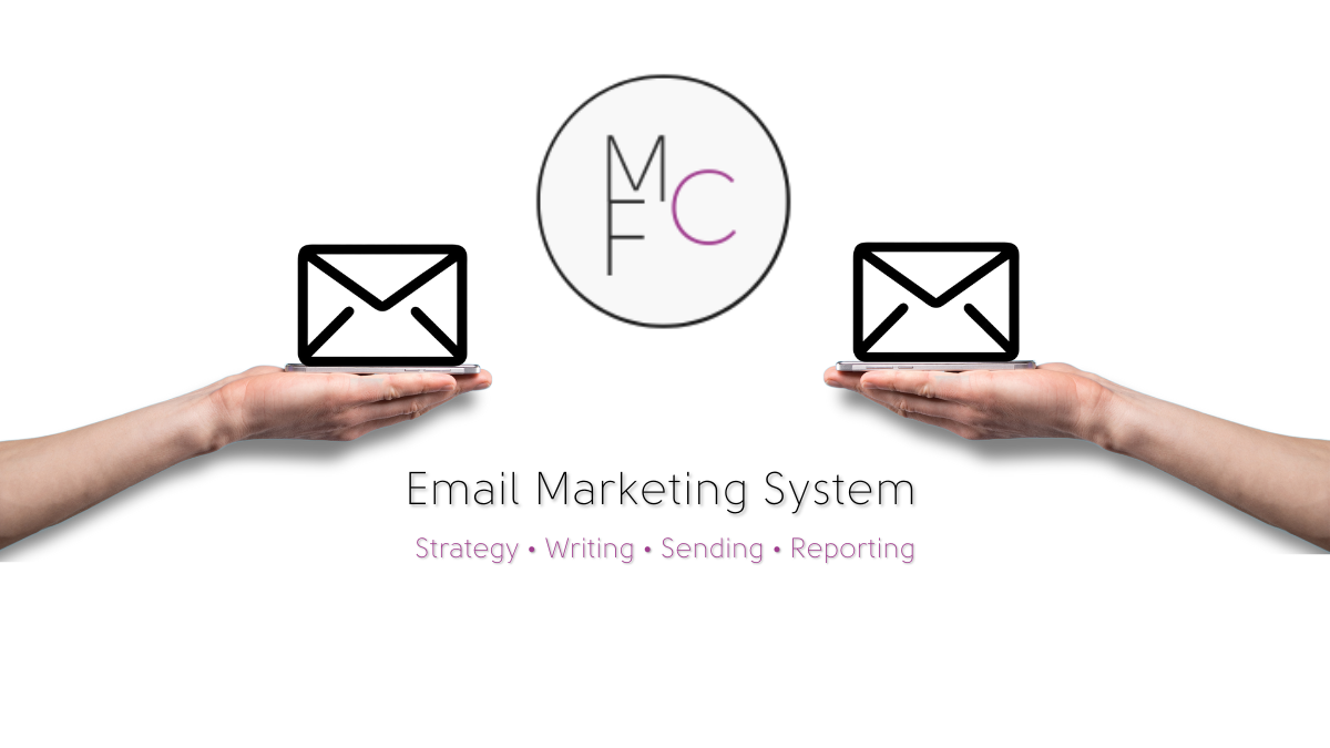 Email Marketing System by MonkeyFans Creative showing strategy, writing, sending, and reporting as a guided email service.